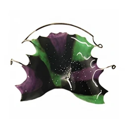 Colorful jester hat with purple, green, and black fabric featuring bells on curled points.