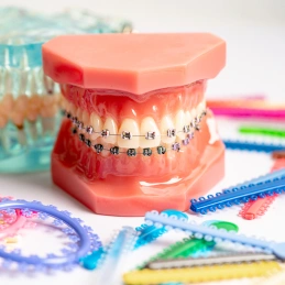 Orthodontic model with metal braces displayed among colorful dental tools and supplies.