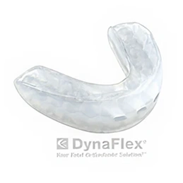 Clear plastic DynaFlex orthodontic retainer displayed against white background.