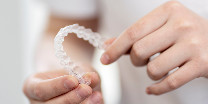 Close-up of hands holding clear Invisalign aligners in a heart shape.